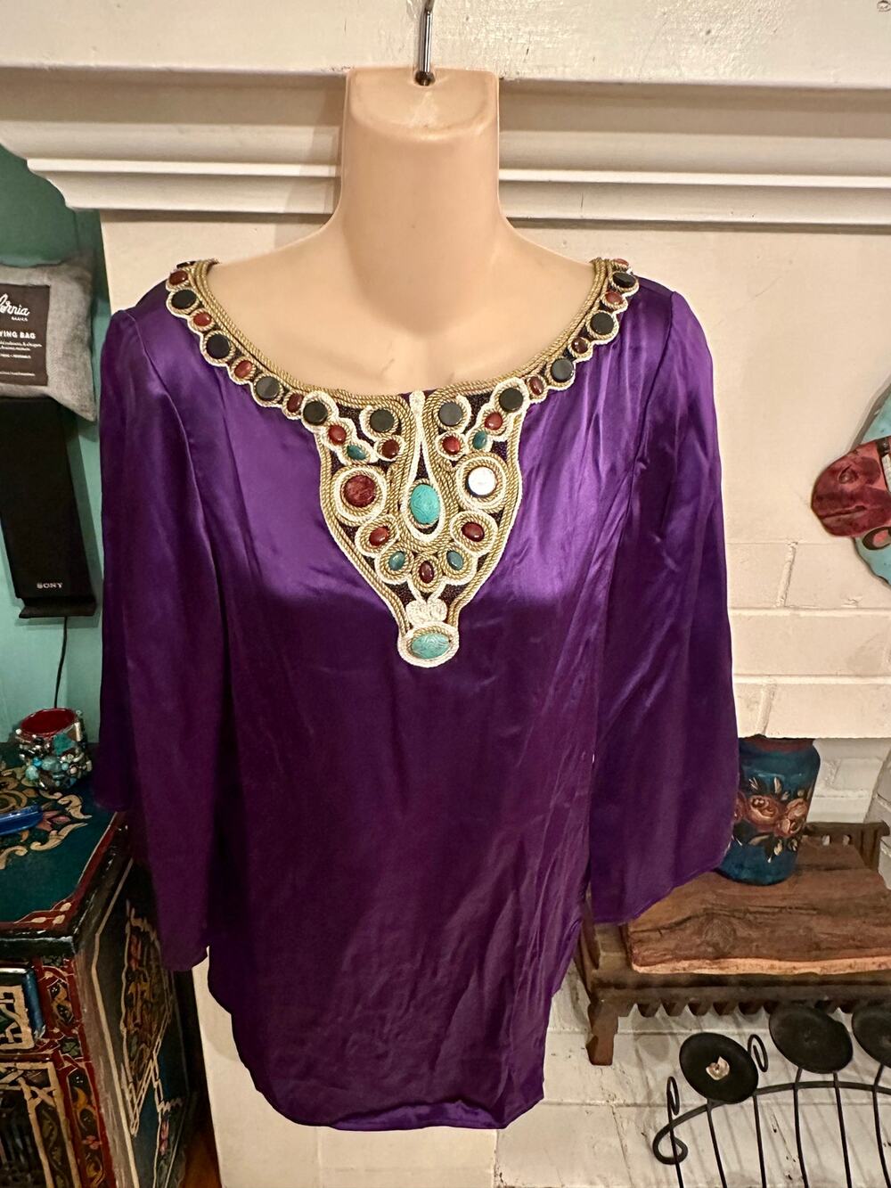 NWT VINTAGE CATHERINE MALANDRINO 100% SILK PURPLE BEADED TUNIC BLOUSE TOP 6